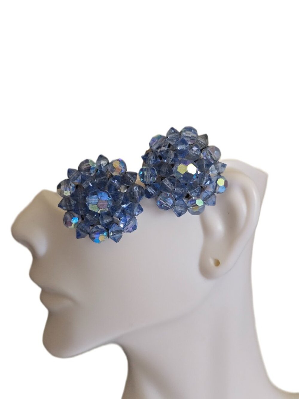 Vintage Laguna style blue Aurora Borealis Cluster Clip on Earrings crystal